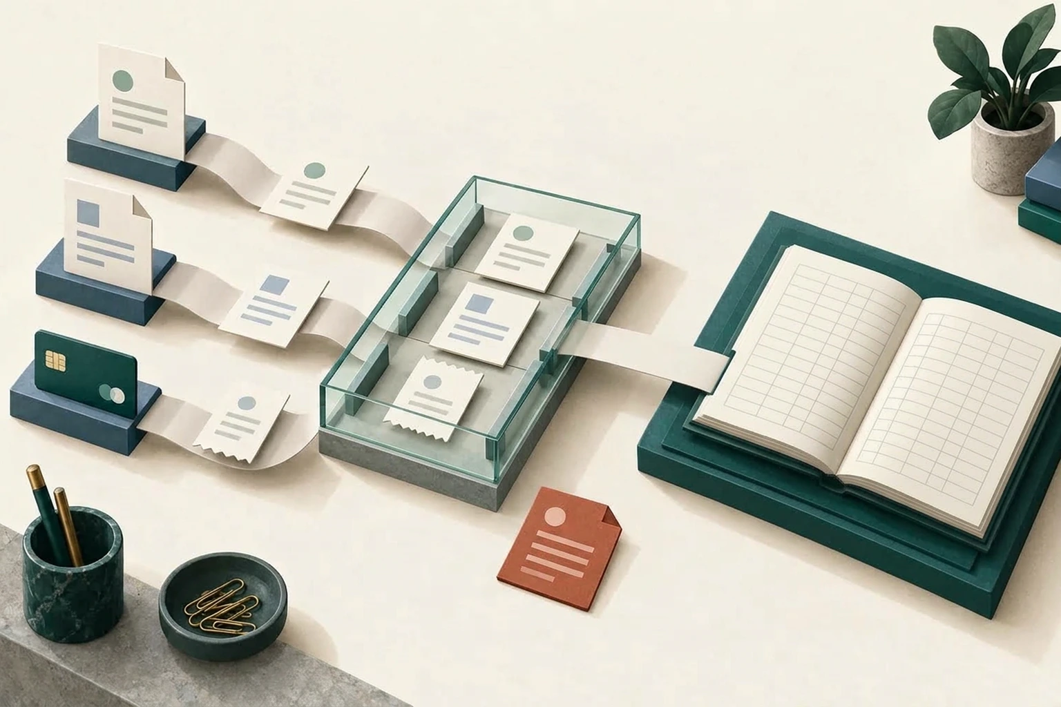 Sales documents and payment evidence meet in a review tray before reaching a ledger.