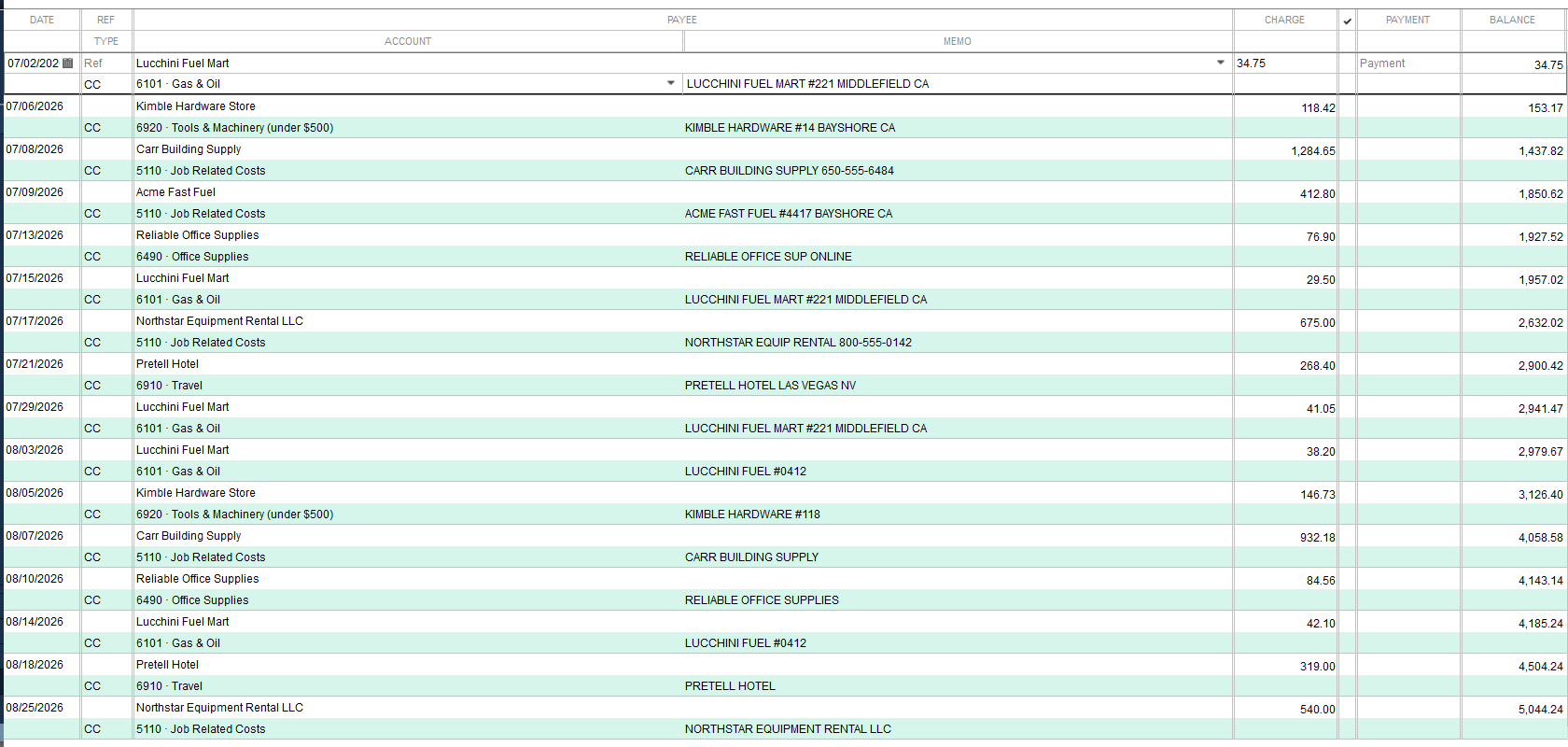 The sample company’s QuickBooks Desktop register, with the seven approved August charges totaling $2,102.77.